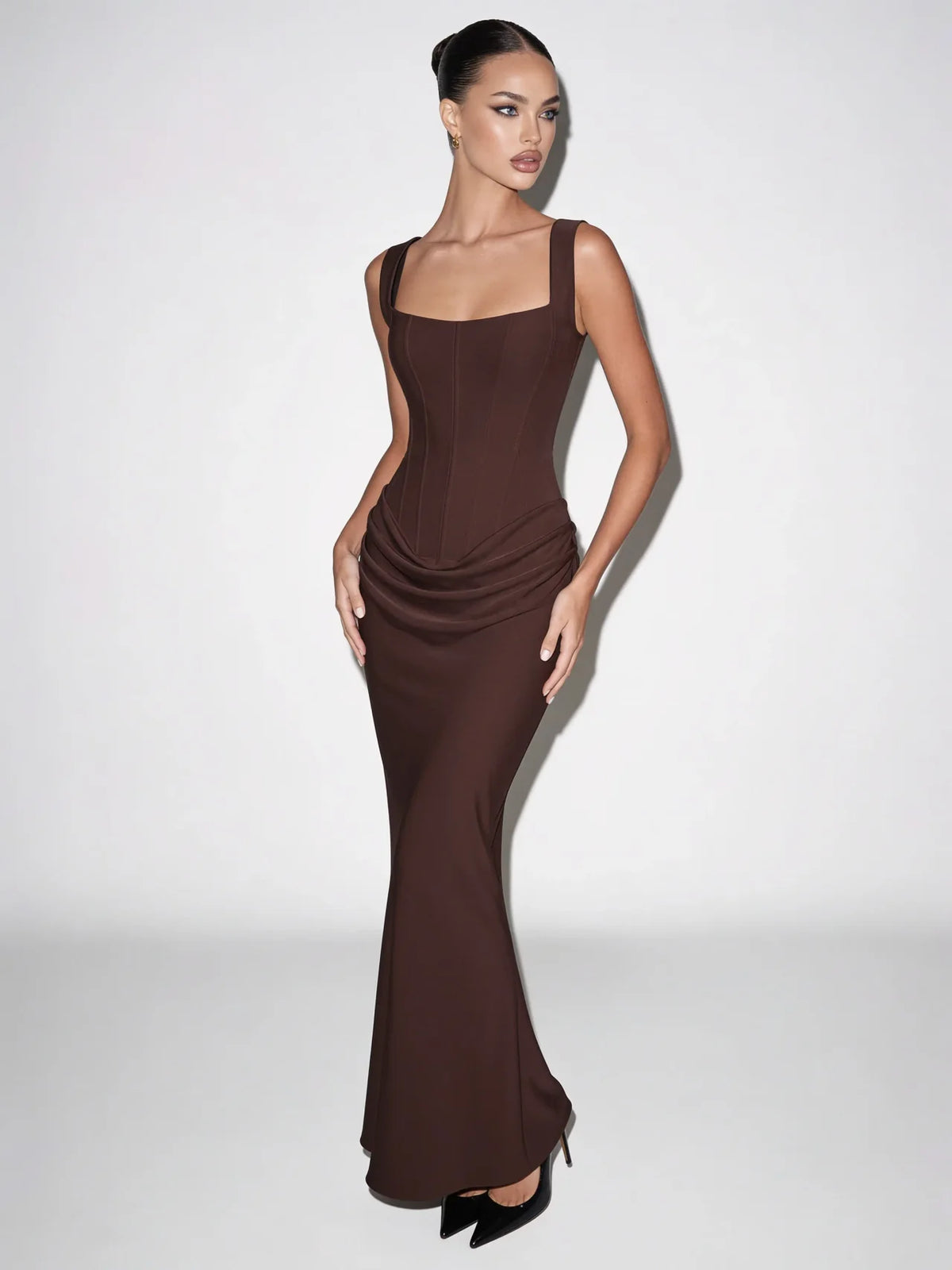 Aveline Maxi Dress in Chocolate Brown - angled front view