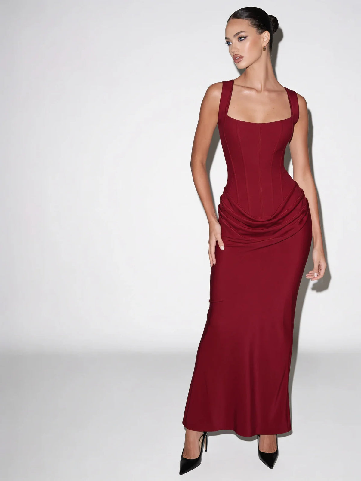 Aveline Maxi Dress in Deep Wine Red - angled front view