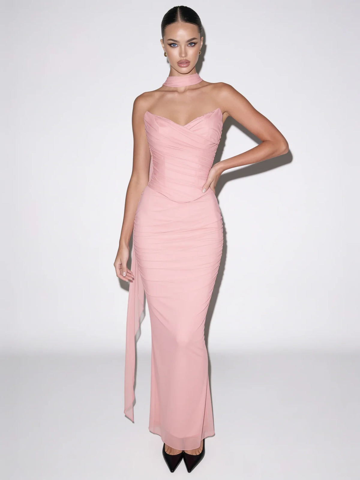 Close view of Celestine blush pink strapless maxi dress and ruched bodice