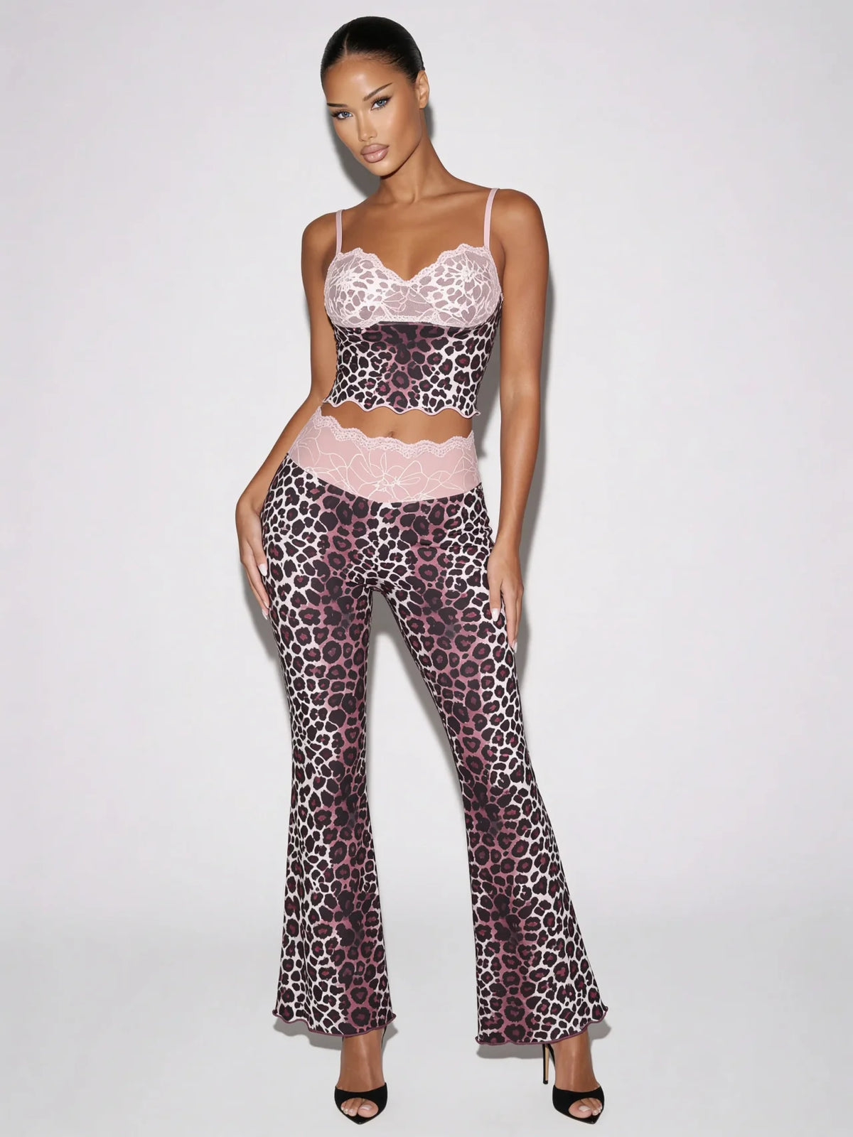 Nayla pink leopard print two piece set with lace cami top and flared trousers
