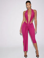 Samira fuchsia pink plunge halter jumpsuit with open sides and draped waist